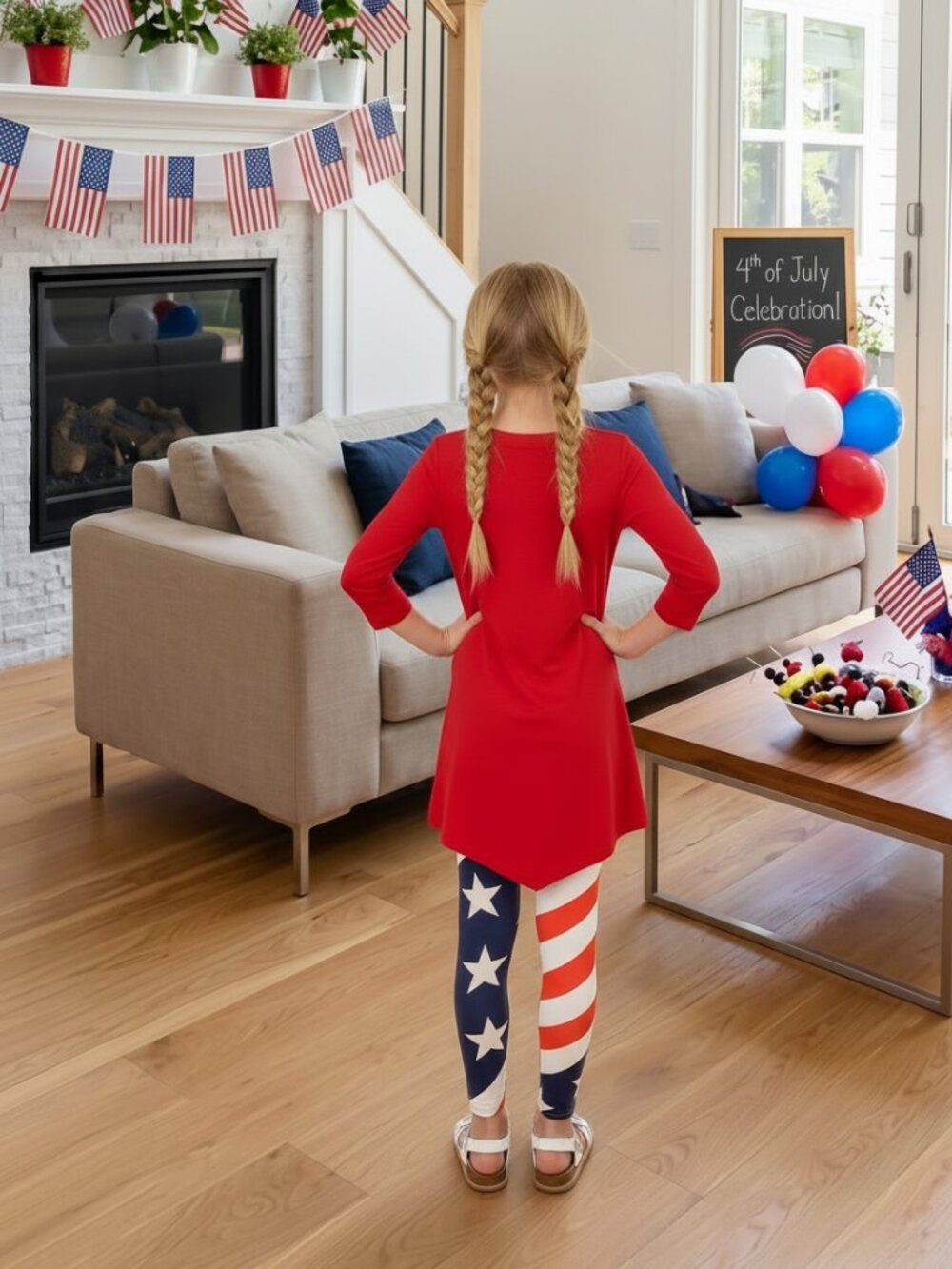 Girls American Flag Leggings NEW Red White Blue 4th of July Pants, Sizes S/L - Picture 2 of 6